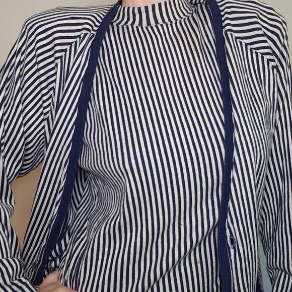 Vintage Cotton 2 Piece Mock Turtleneck Matching Cardigan Vertical Stripes Small - Picture 2 of 10